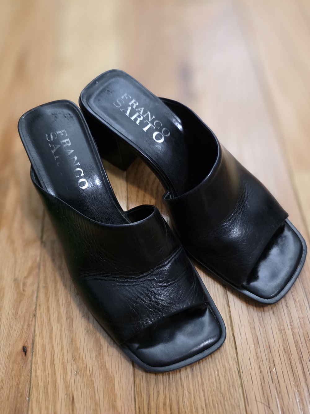 Franco Sarto Black Leather Square Open-Toe Mule Heels